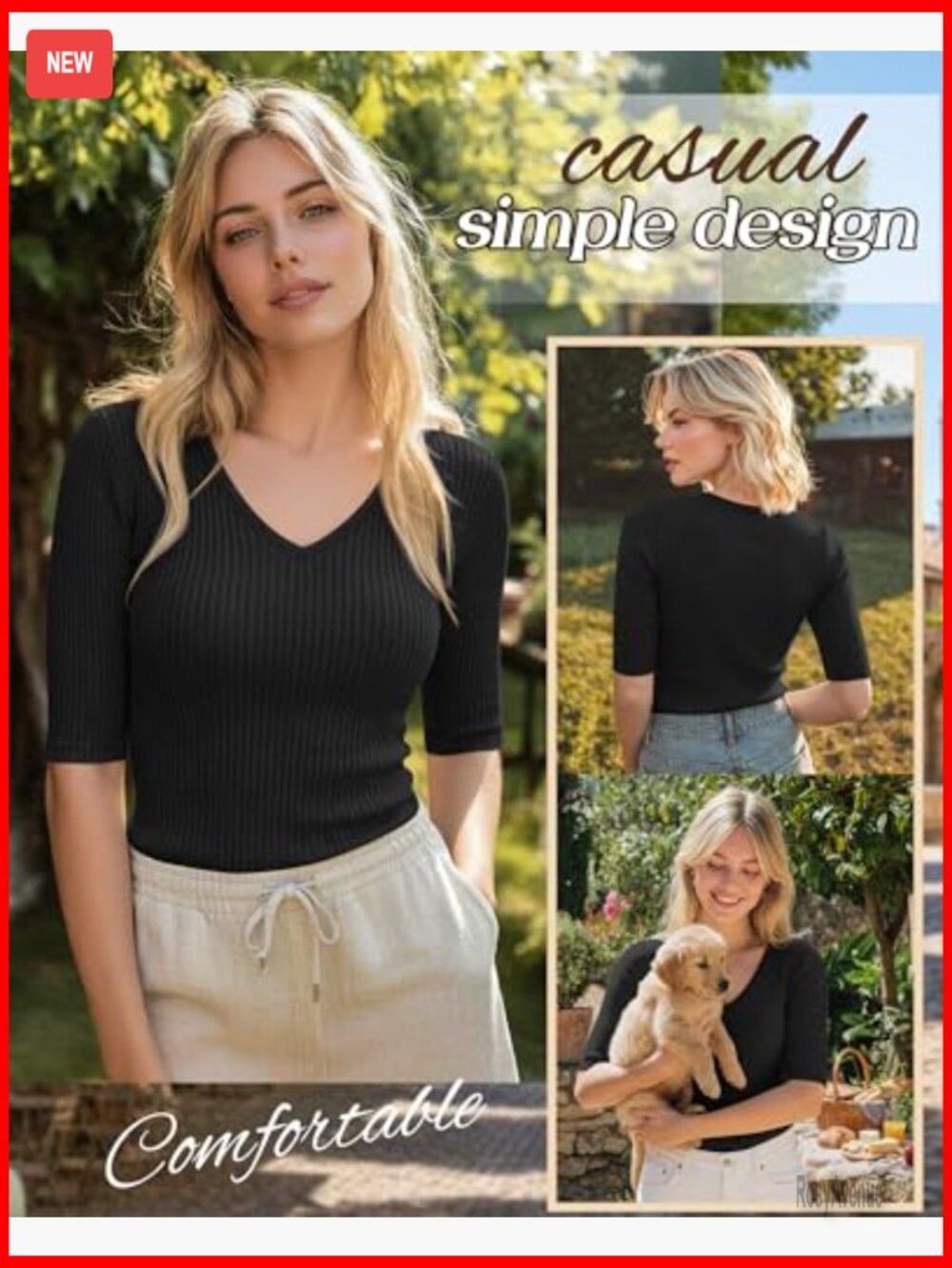 Half Sleeve V Neck Ribbed Knit T-Shirt - Slim Fit Cotton Blend - Picture 3 of 6